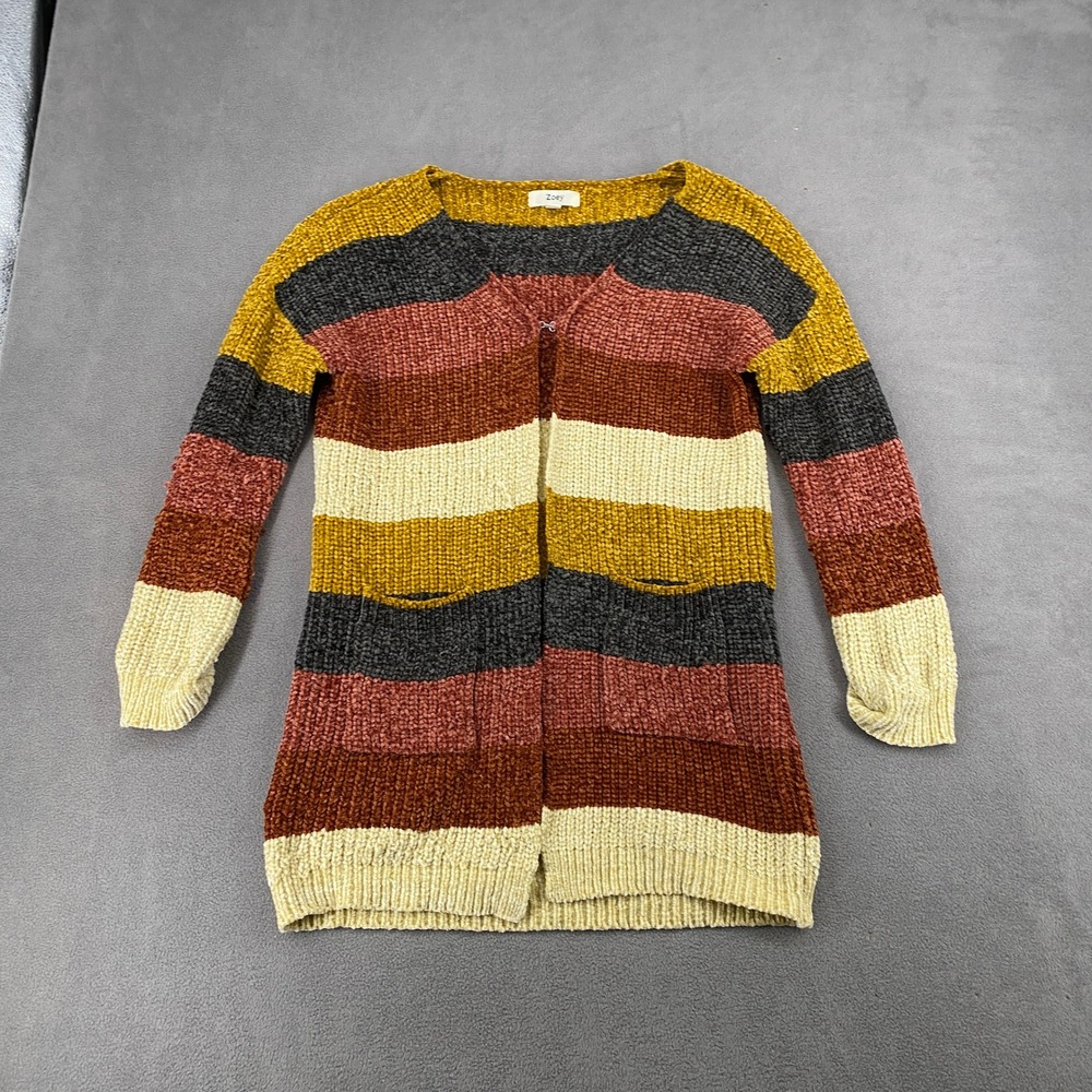 Zoey Women Chenille Striped Open Front Cardigan Sweater Pockets Multi Color M